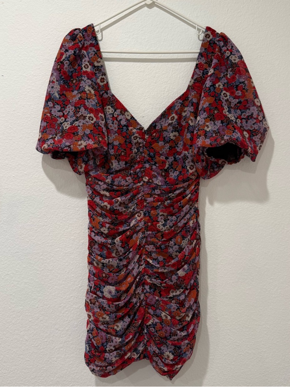 Zara Red Multi Floral Puff-Sleeve Ruched Mini Dress